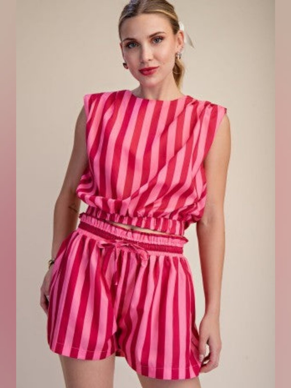 GLAM Pink Striped Sleeveless Padded Elastic Waist Crop Tank Top L